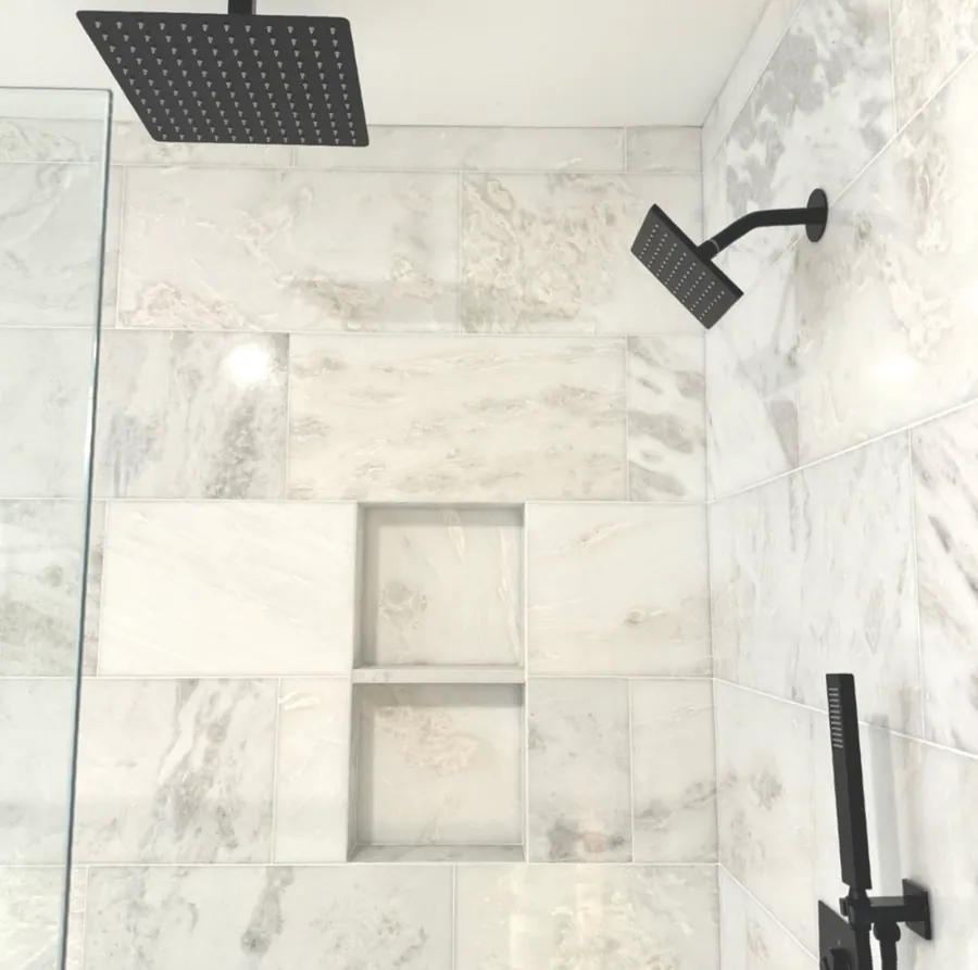 Marble shower with a rain head and matte black fittings