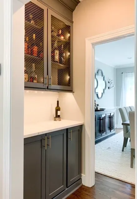 Bar niche with a mesh fronted cabinet and lighting