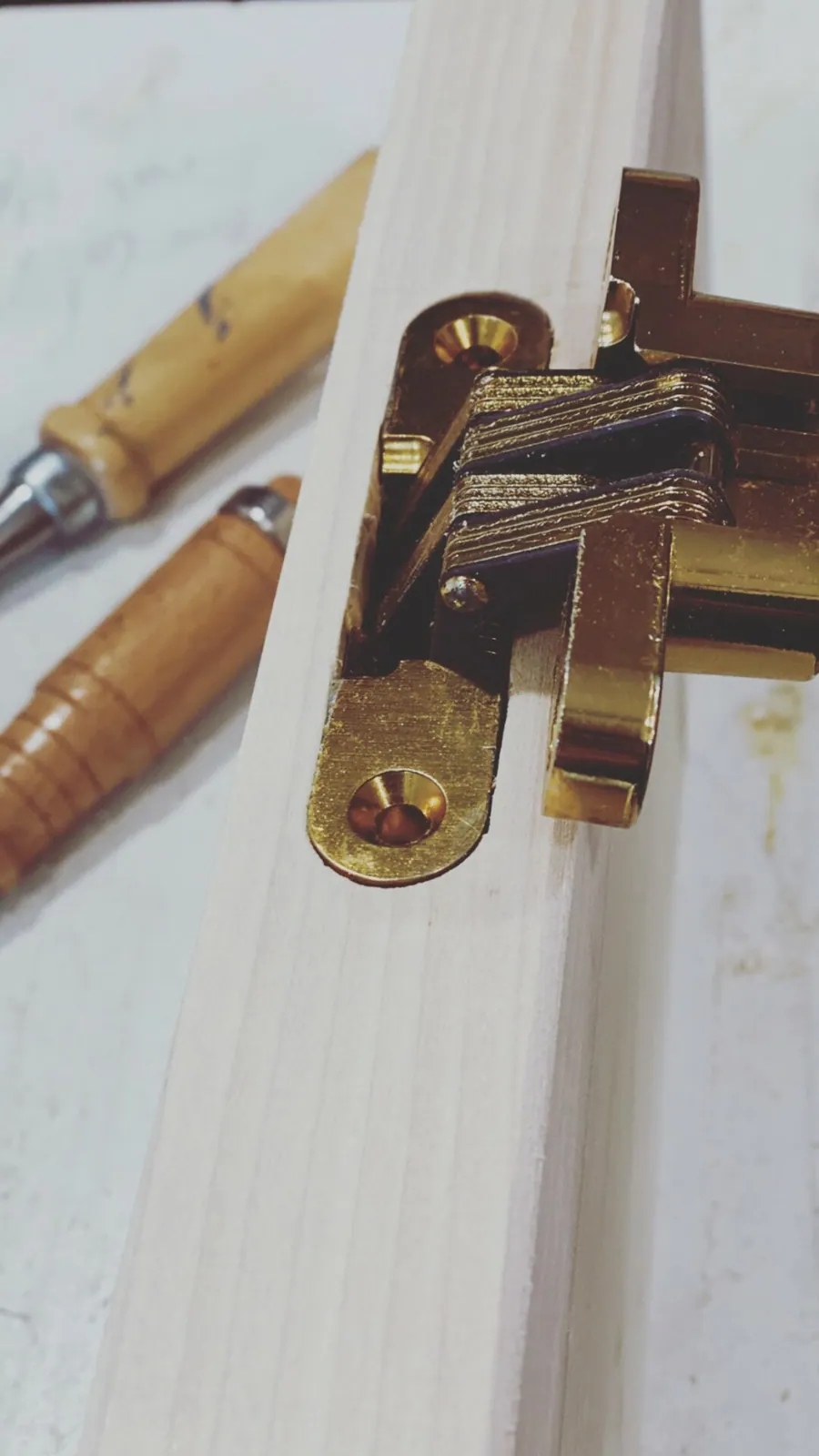 Brass hinge set into a wood cabinet door