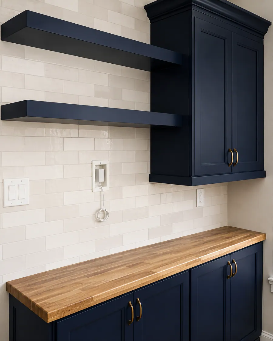Navy cabinetry with floating shelves and a butcher block counter