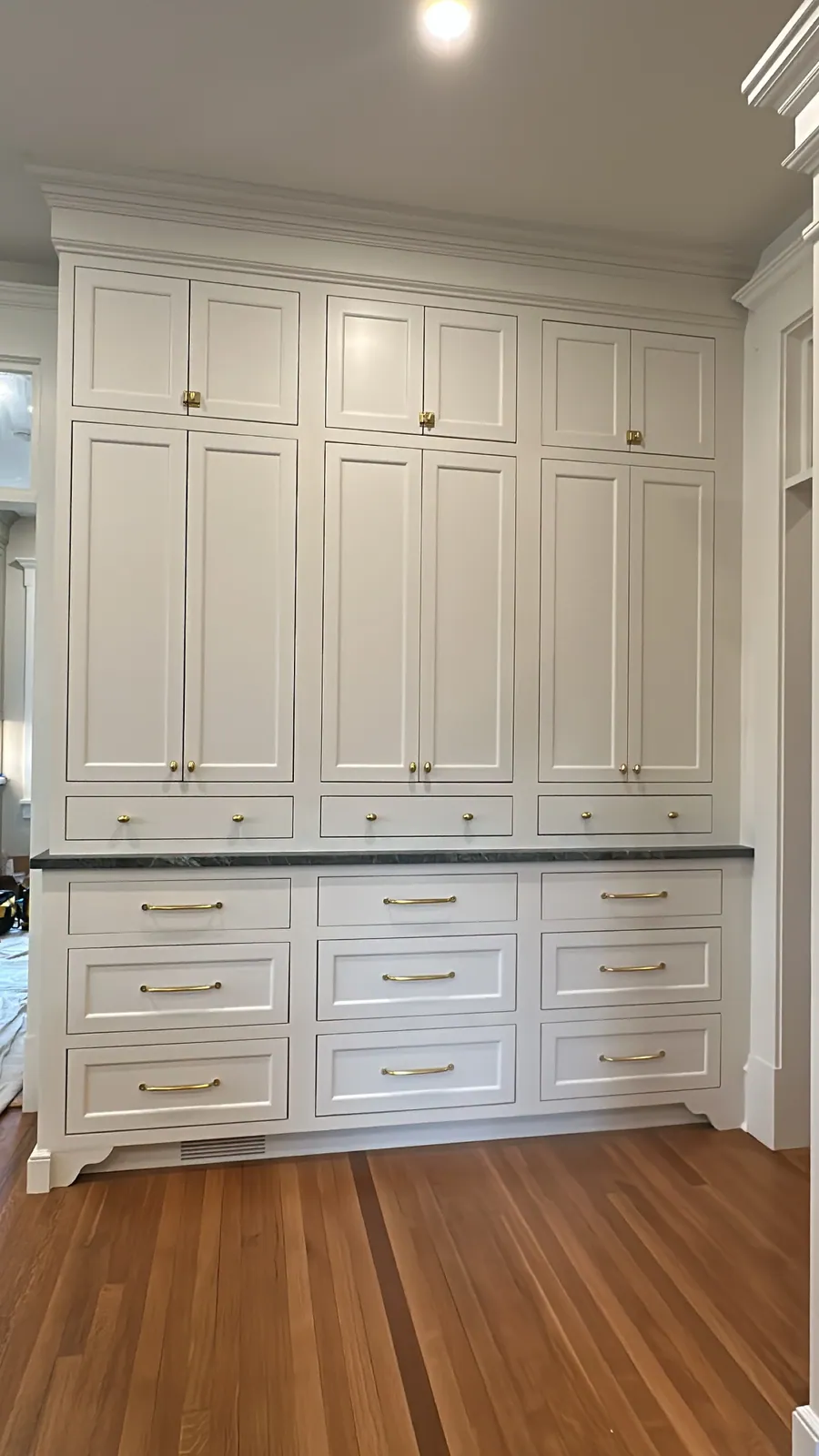 Tall white panelled cabinetry with brass hardware